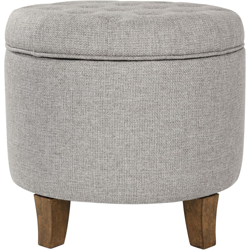Gray Tufted Round Fabric Storage Ottoman