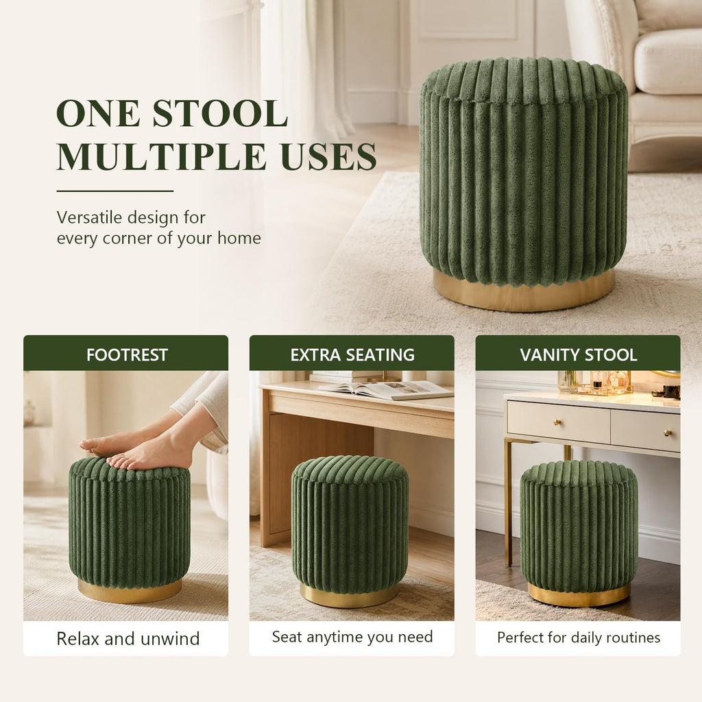 Green Faux‑Fur Round Vanity Ottoman Stool