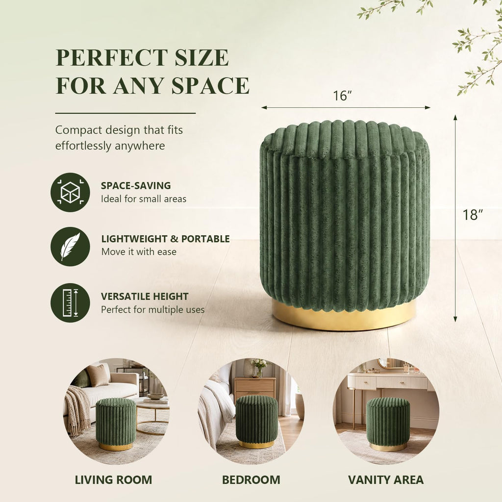 Green Faux‑Fur Round Vanity Ottoman Stool