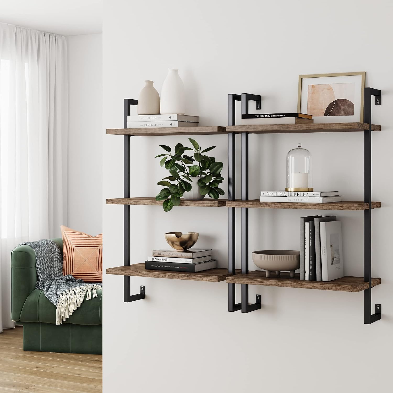 Rustic Oak Pipe Wall Mounted Bookshelf
