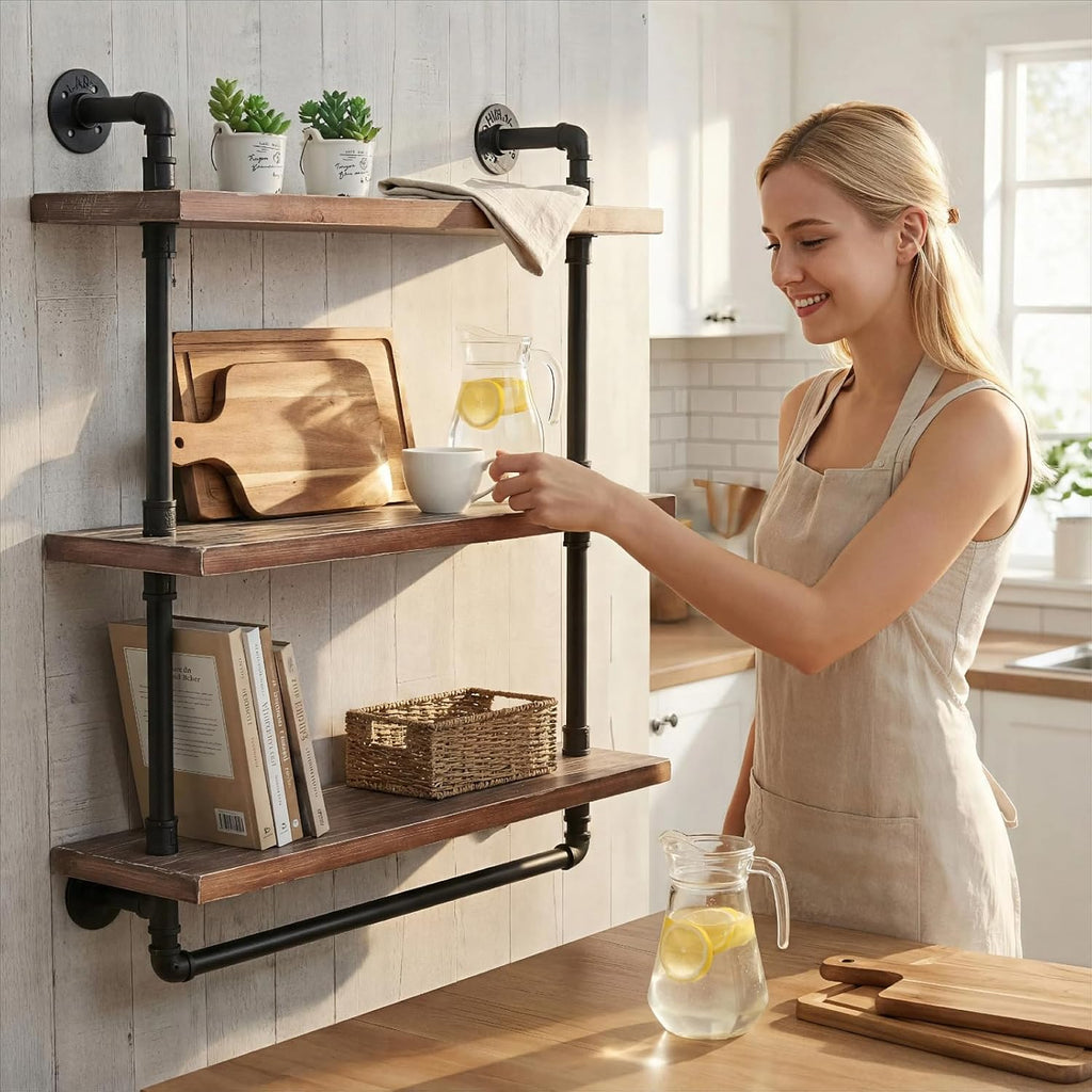 Industrial Pipe Wood Wall Mounted Shelves