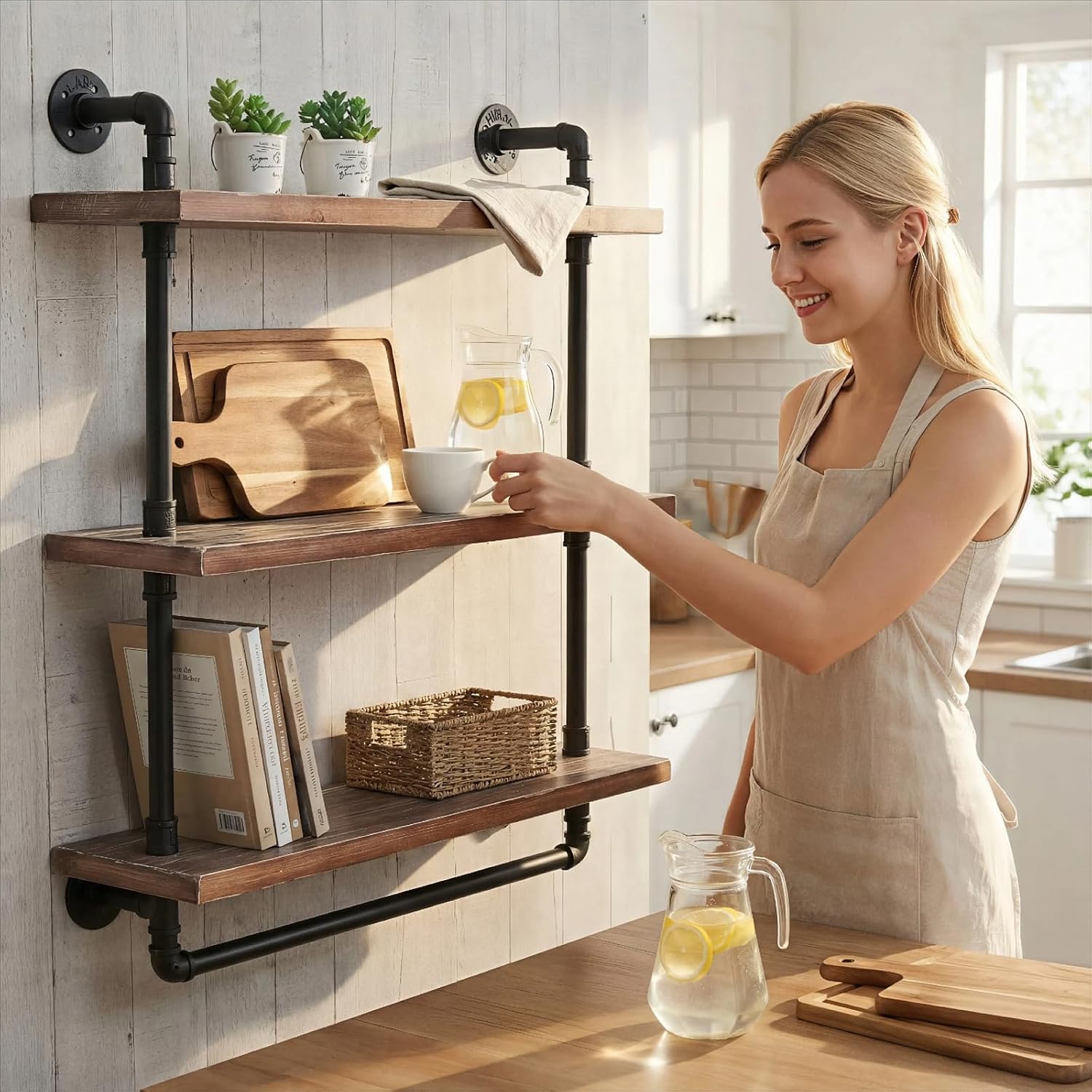 Industrial Pipe Wood Wall Mounted Shelves