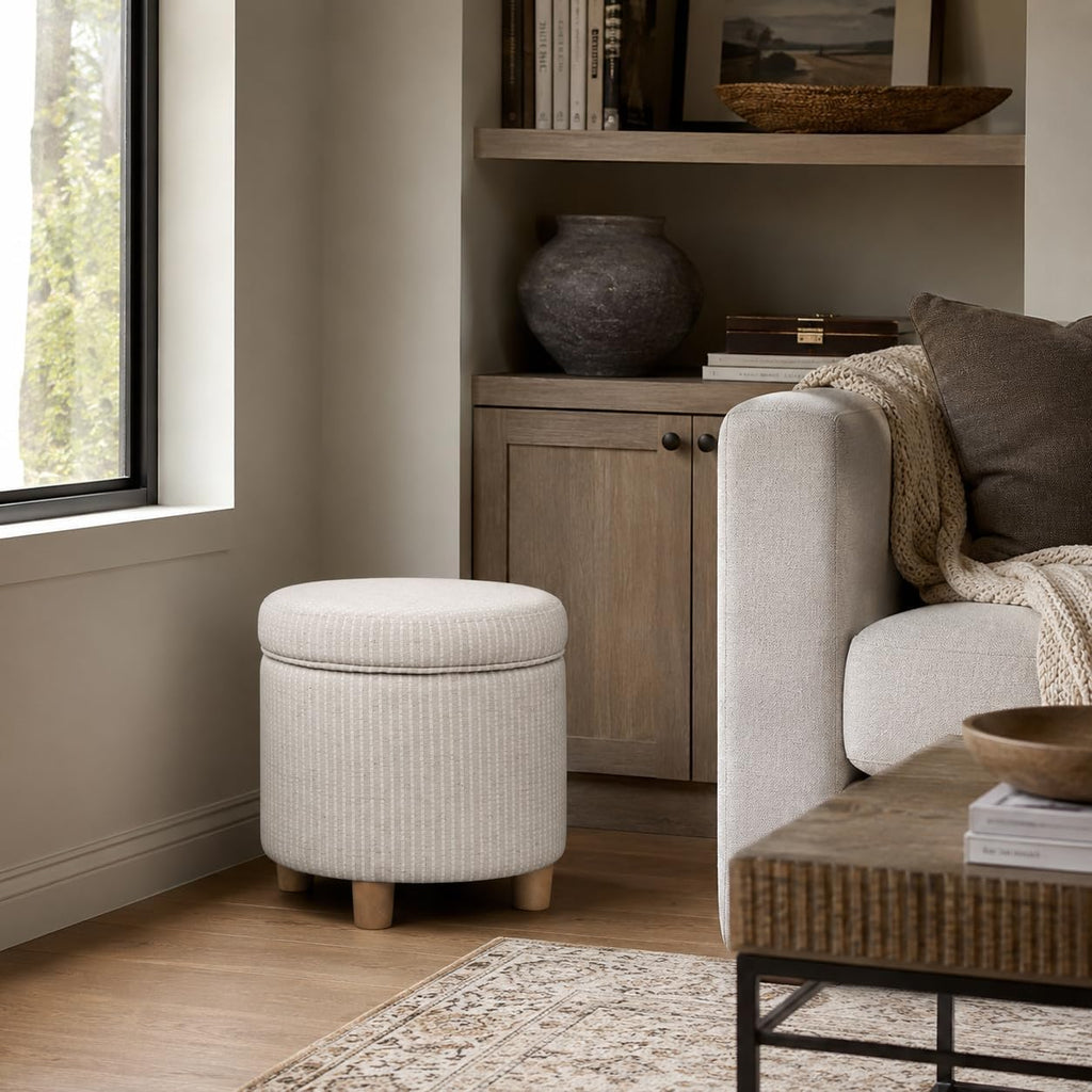 White Woven Round Storage Ottoman Bench