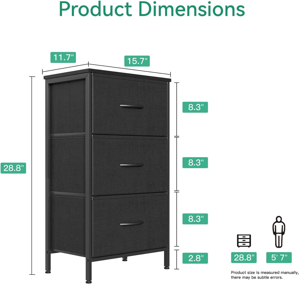 Black 3‑Drawer Bedroom Nightstand Dresser