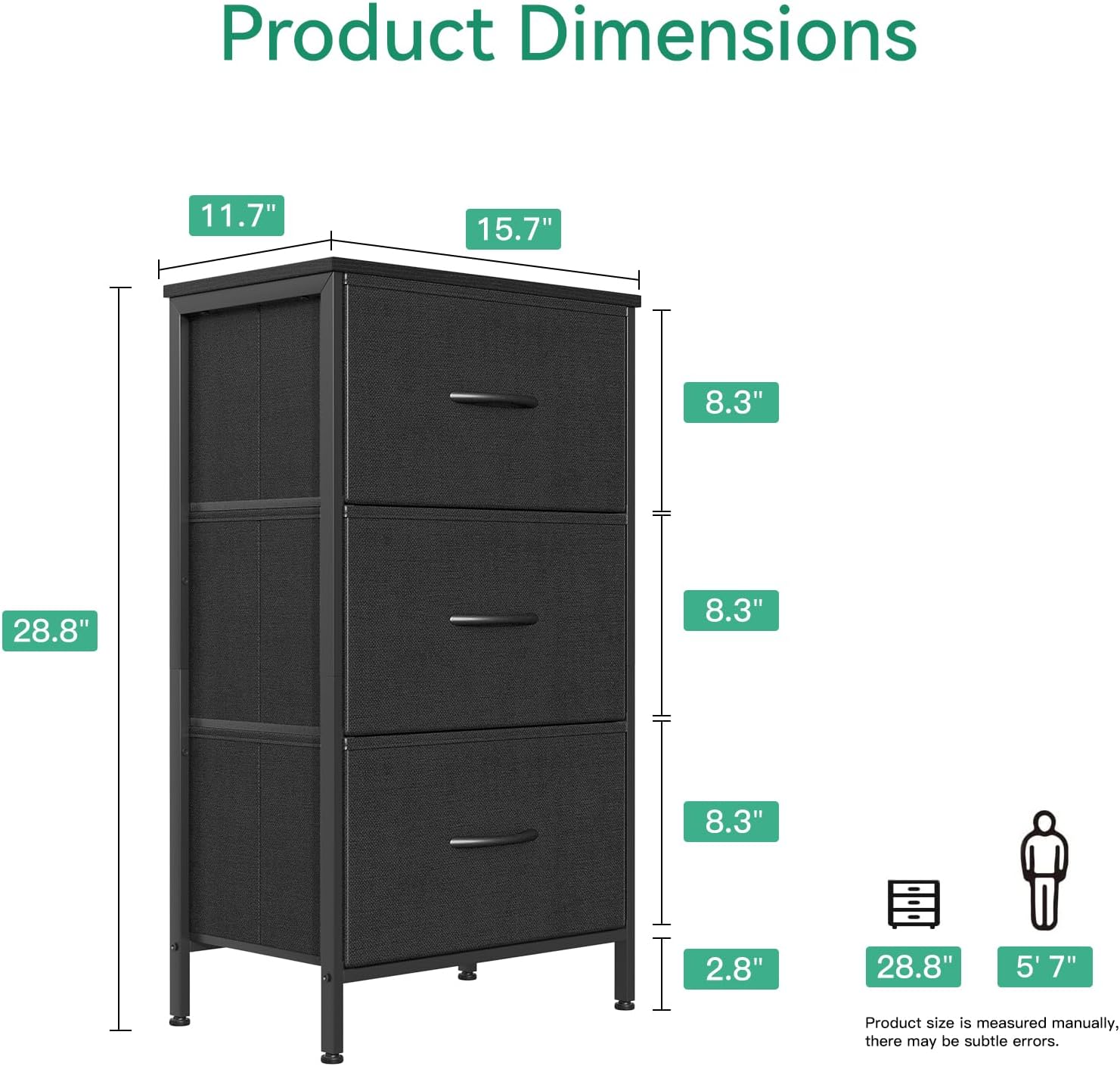 Black 3‑Drawer Bedroom Nightstand Dresser