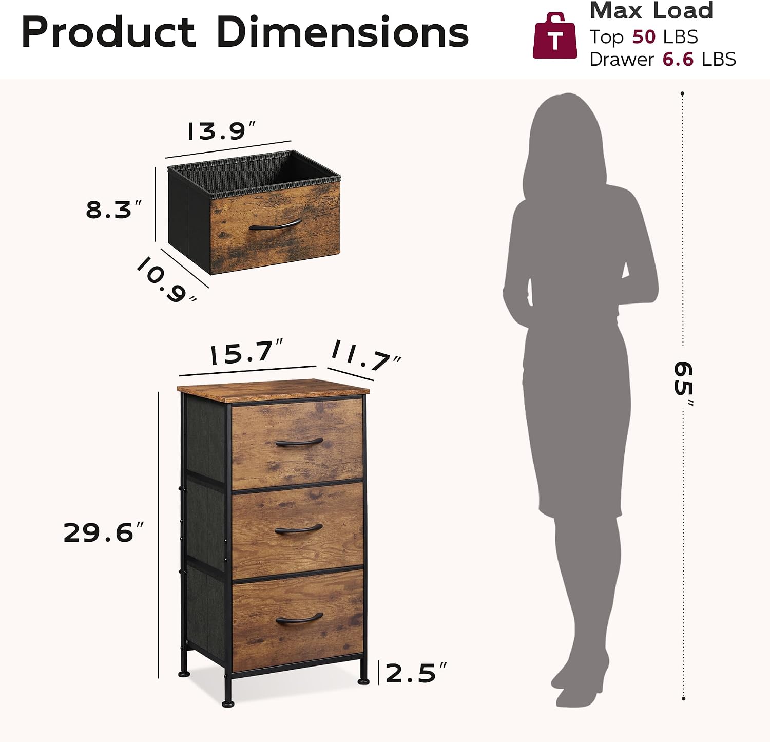 Brown 3‑Drawer Bedroom Nightstand Dresser