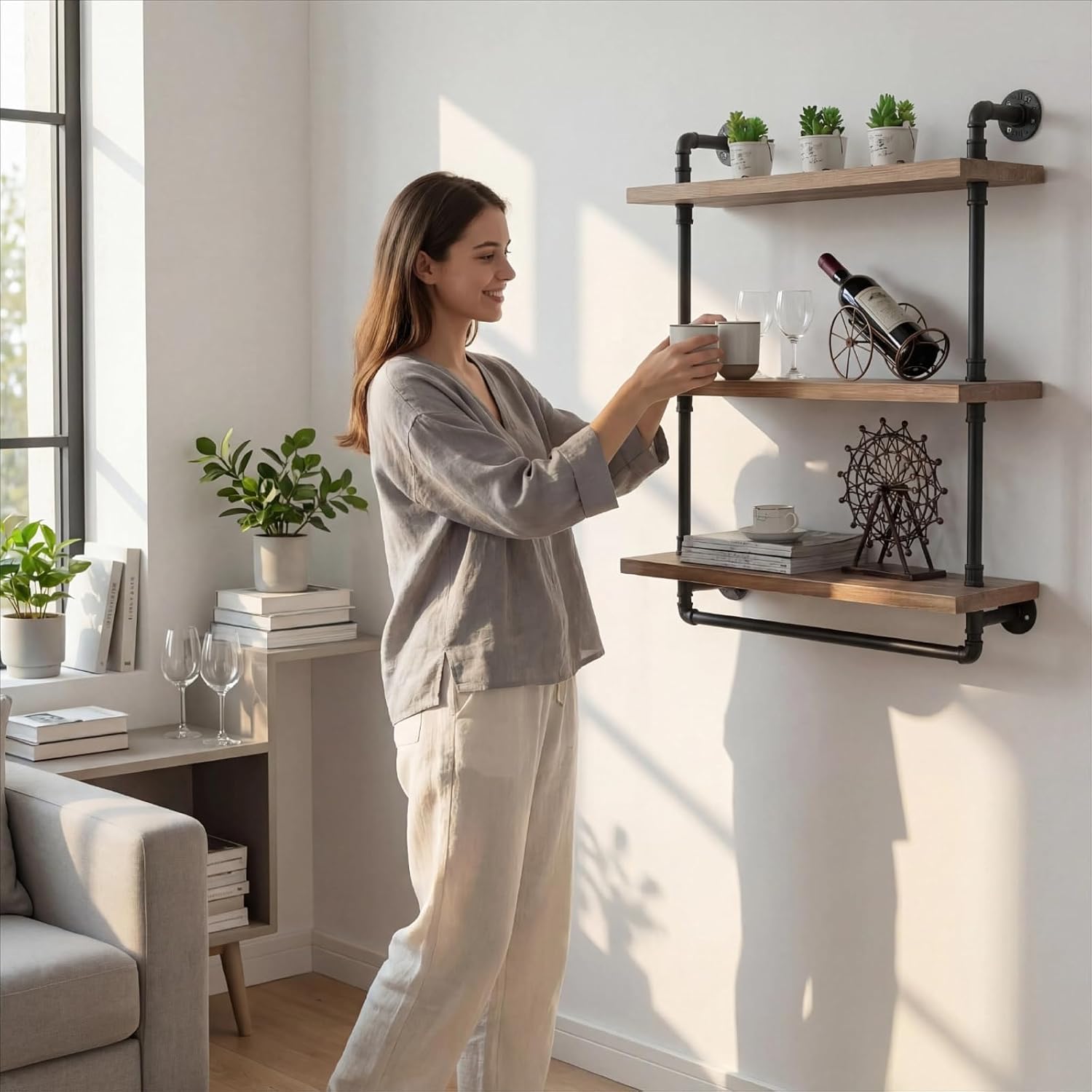 Industrial Pipe Wood Wall Mounted Shelves