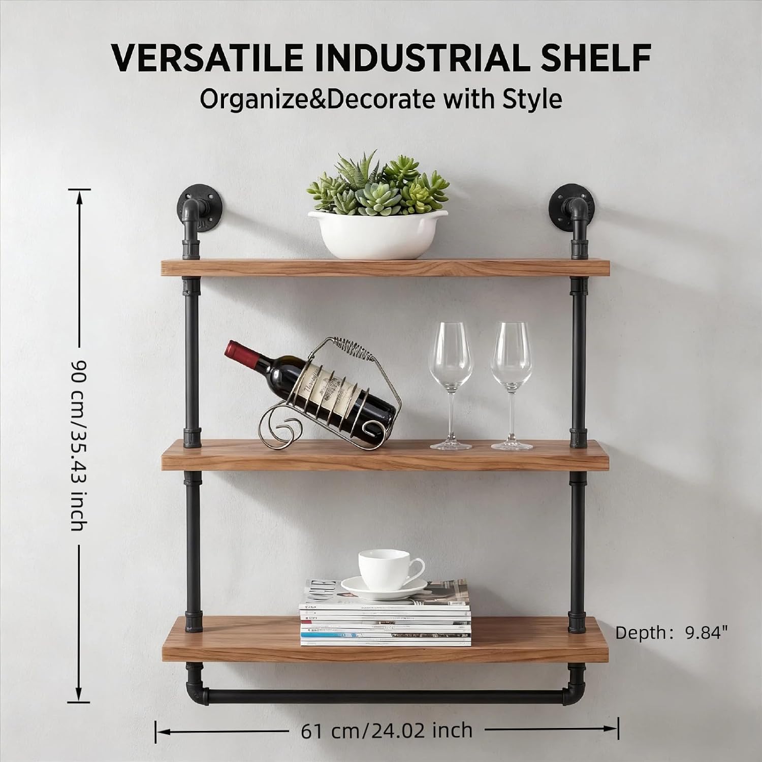 Industrial Pipe Wood Wall Mounted Shelves