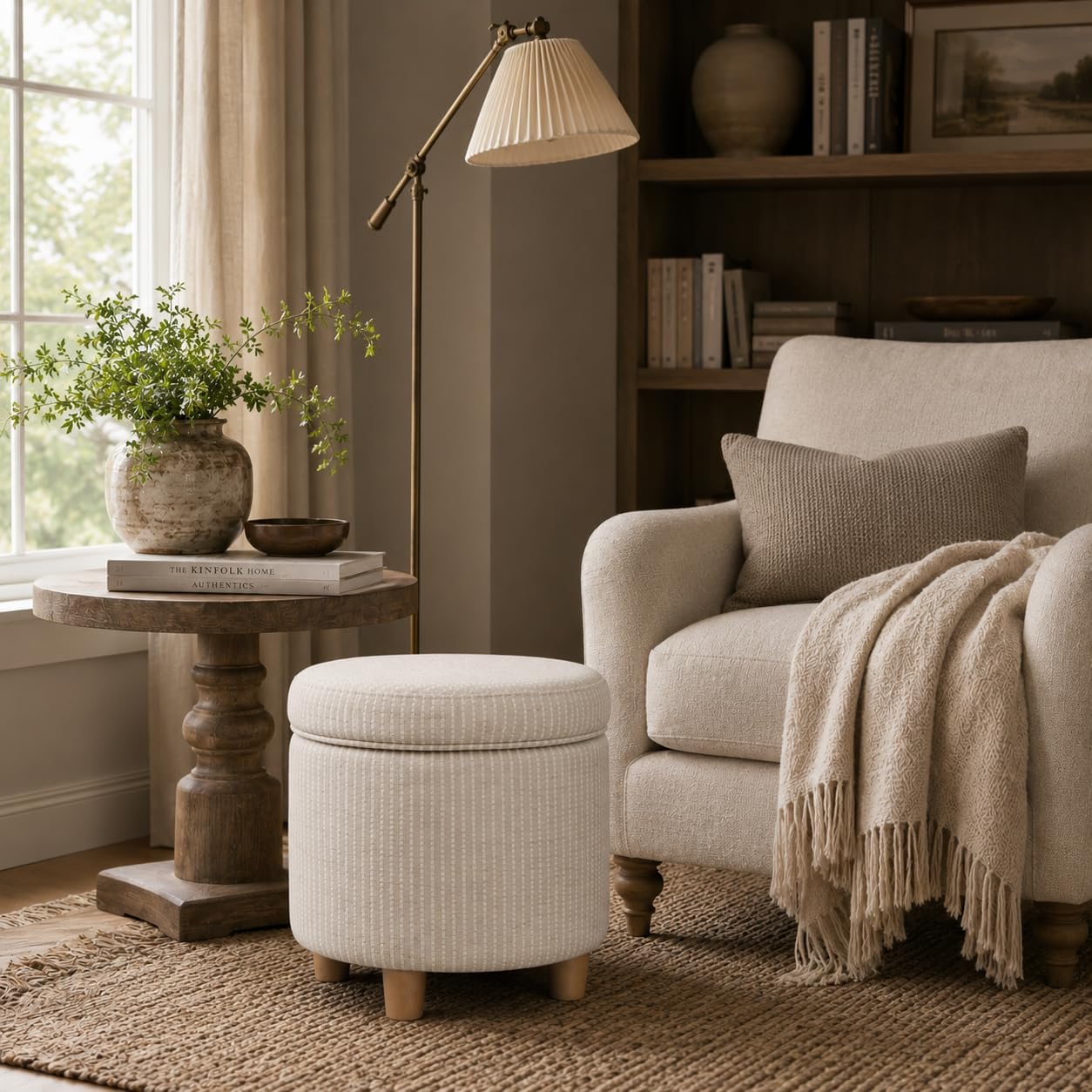 White Woven Round Storage Ottoman Bench