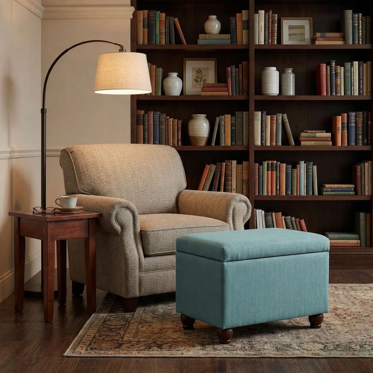 Aqua Linen Rectangular Storage Ottoman Bench