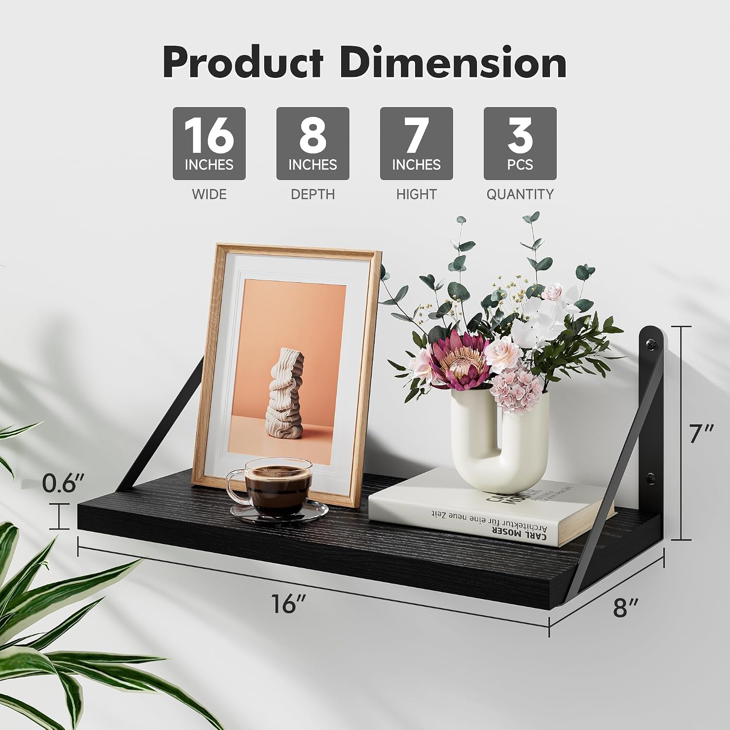 Black Wood Wall‑Mounted Floating Shelves