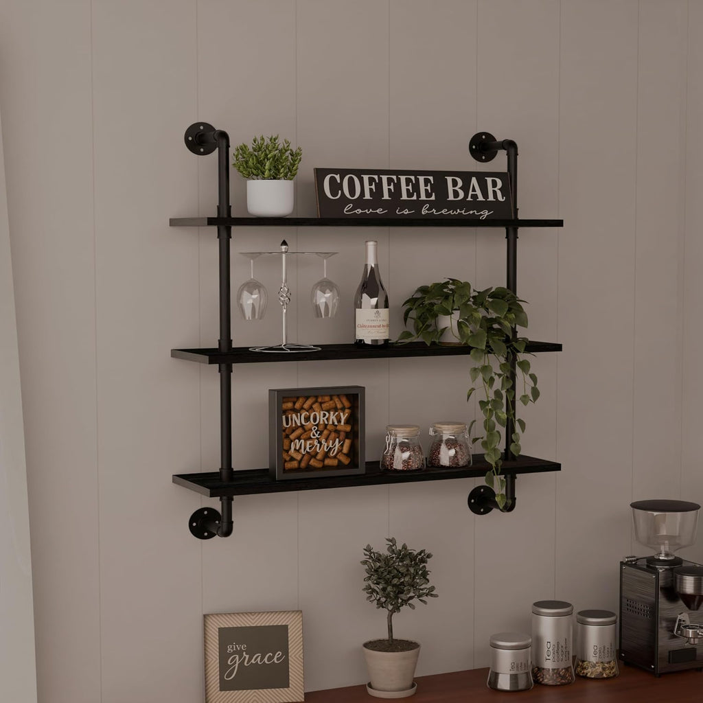 Rustic Industrial Pipe Wood Wall Shelves
