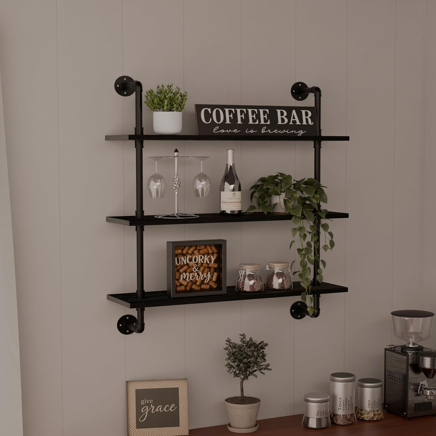 Rustic Industrial Pipe Wood Wall Shelves