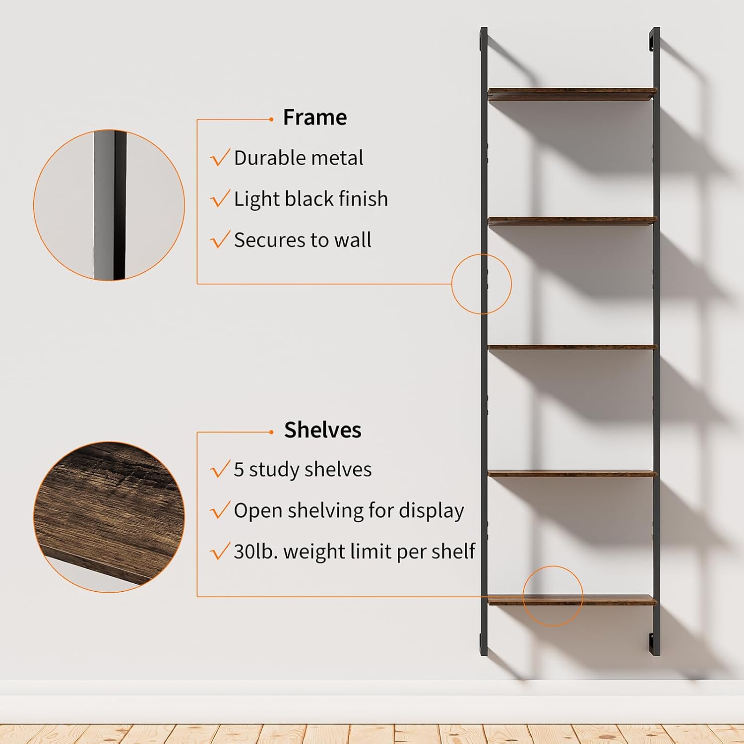 Brown Industrial Wall Ladder Bookshelf