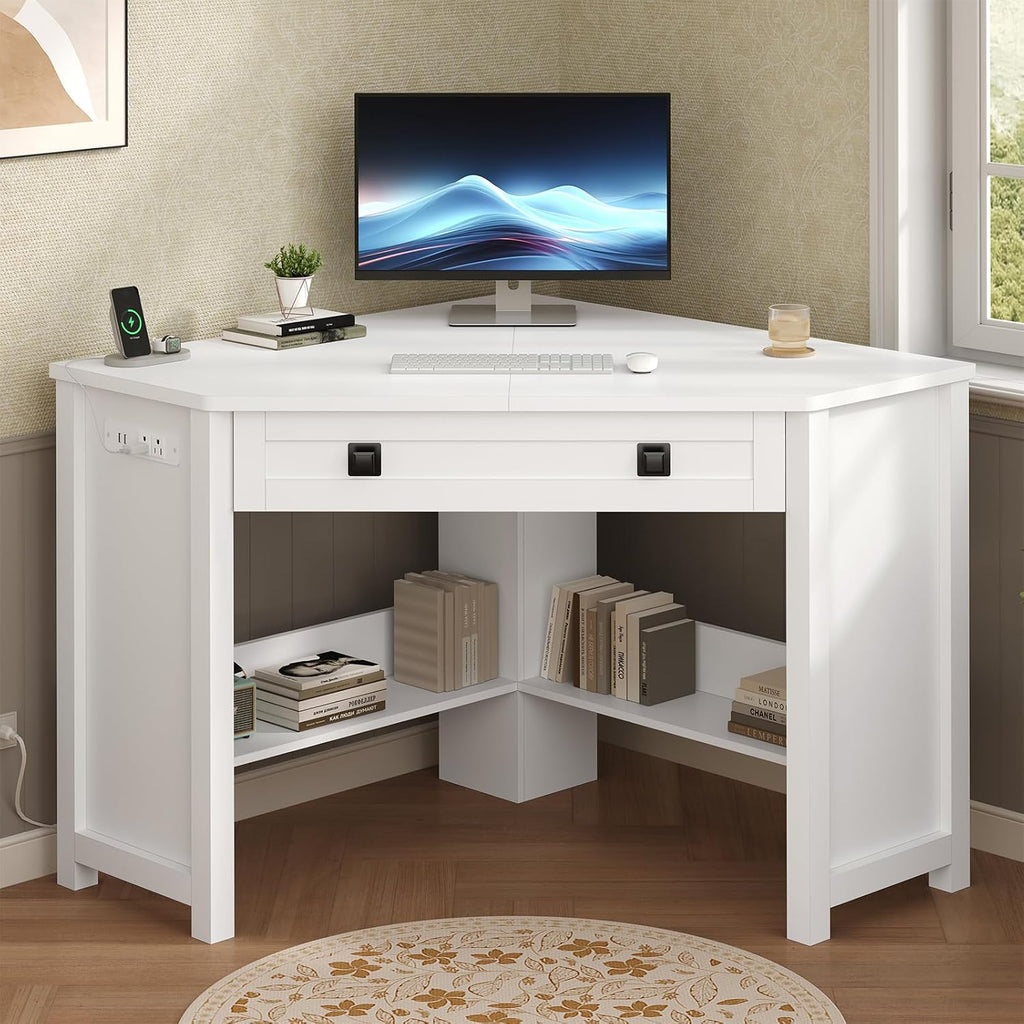 Farmhouse Corner Desk With Storage Drawers