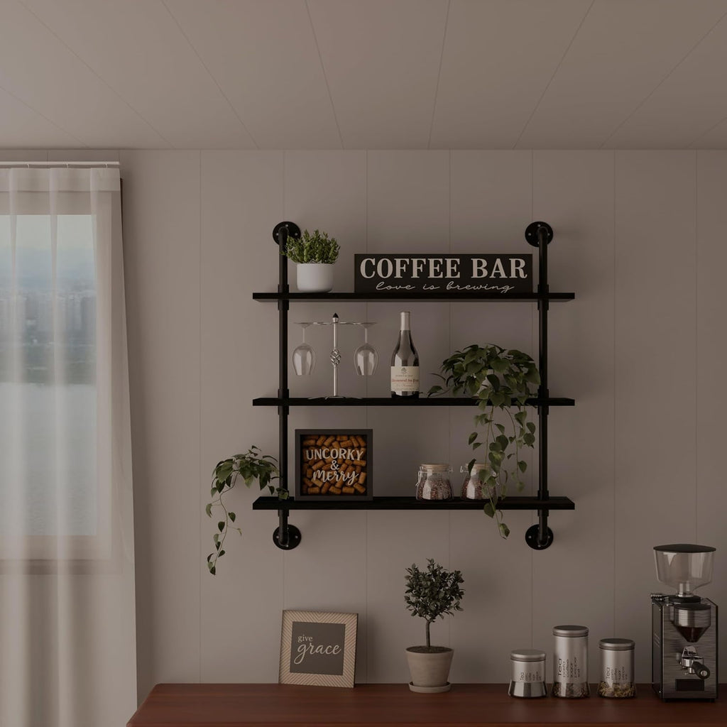 Rustic Industrial Pipe Wood Wall Shelves