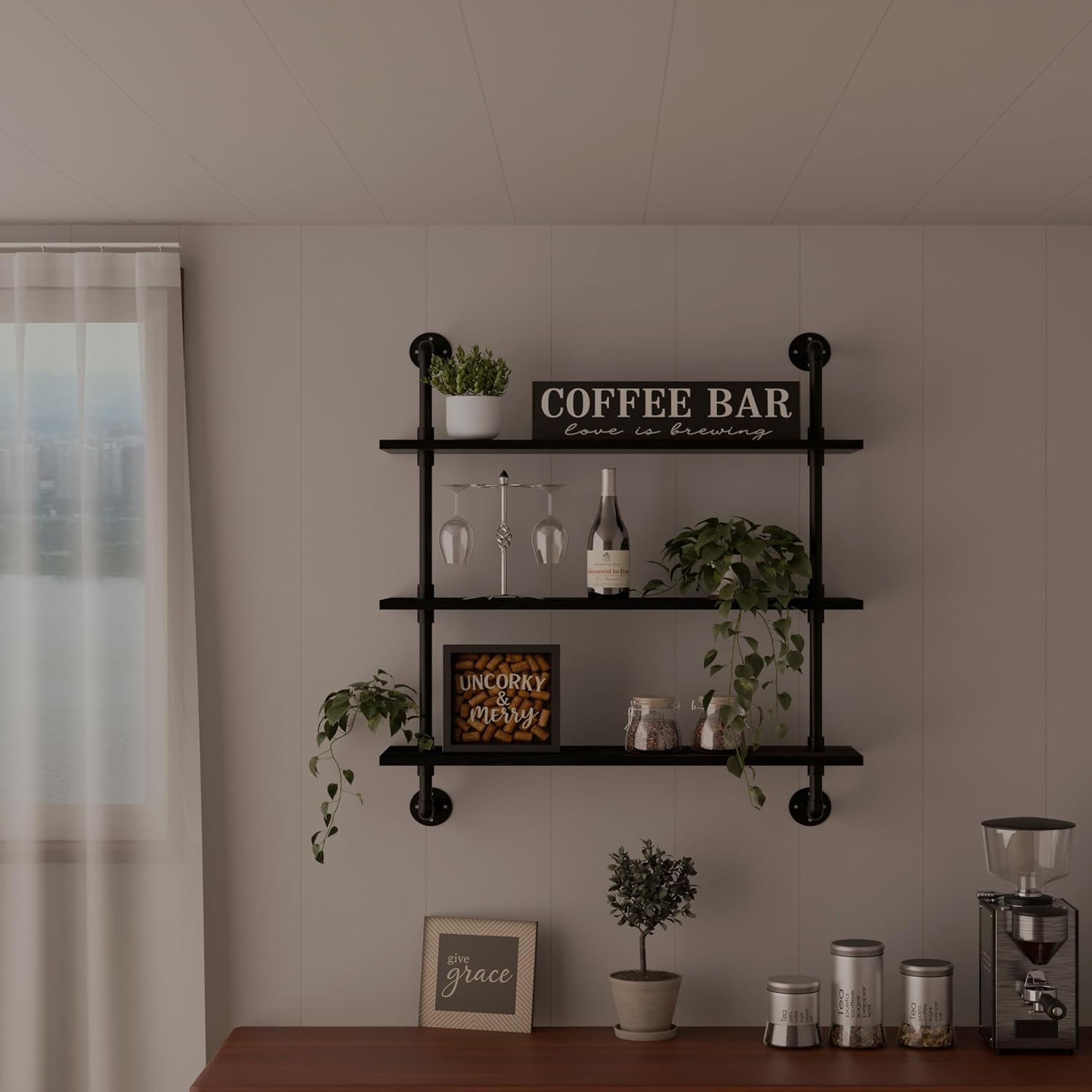 Rustic Industrial Pipe Wood Wall Shelves