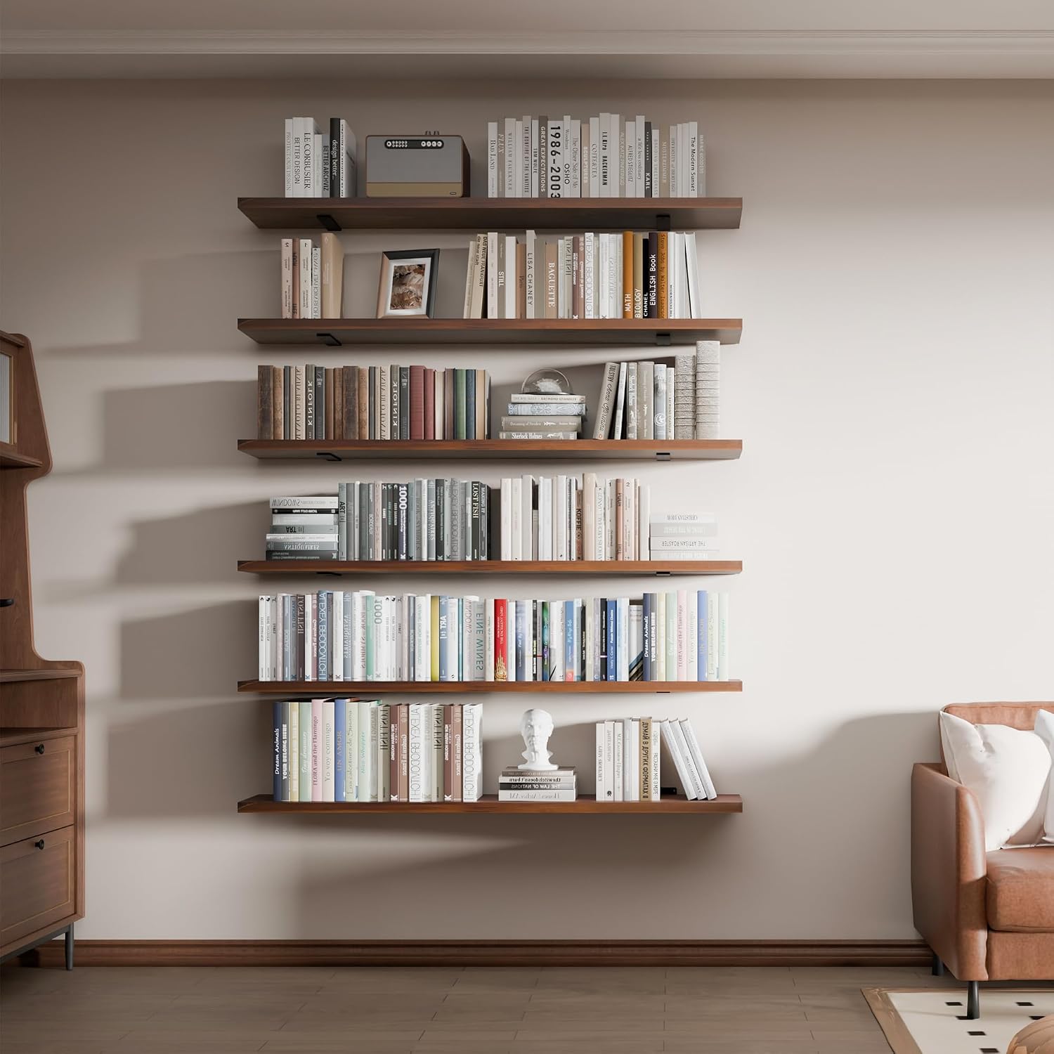 Walnut Long Wall‑Mounted Floating Bookshelf