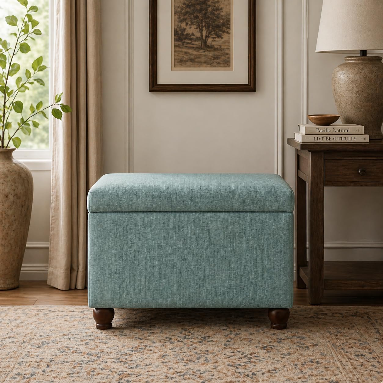 Aqua Linen Rectangular Storage Ottoman Bench