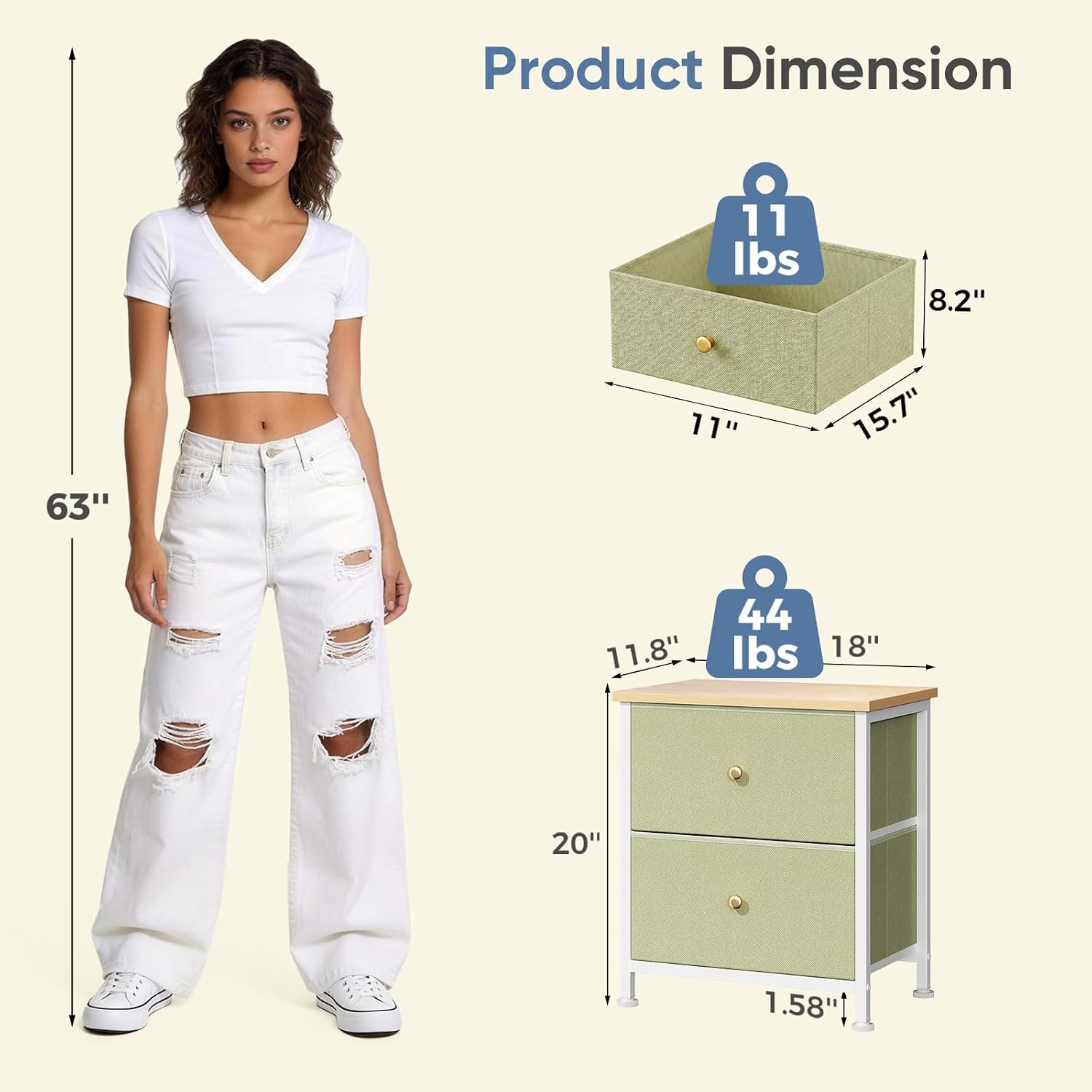 2‑Drawer Fabric Bedroom Nightstand Table