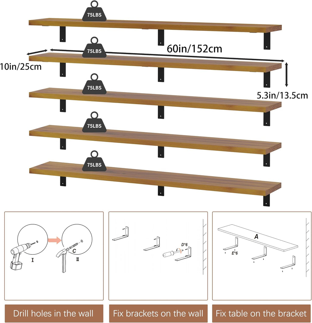 Long Solid Wood Wall Floating Shelves