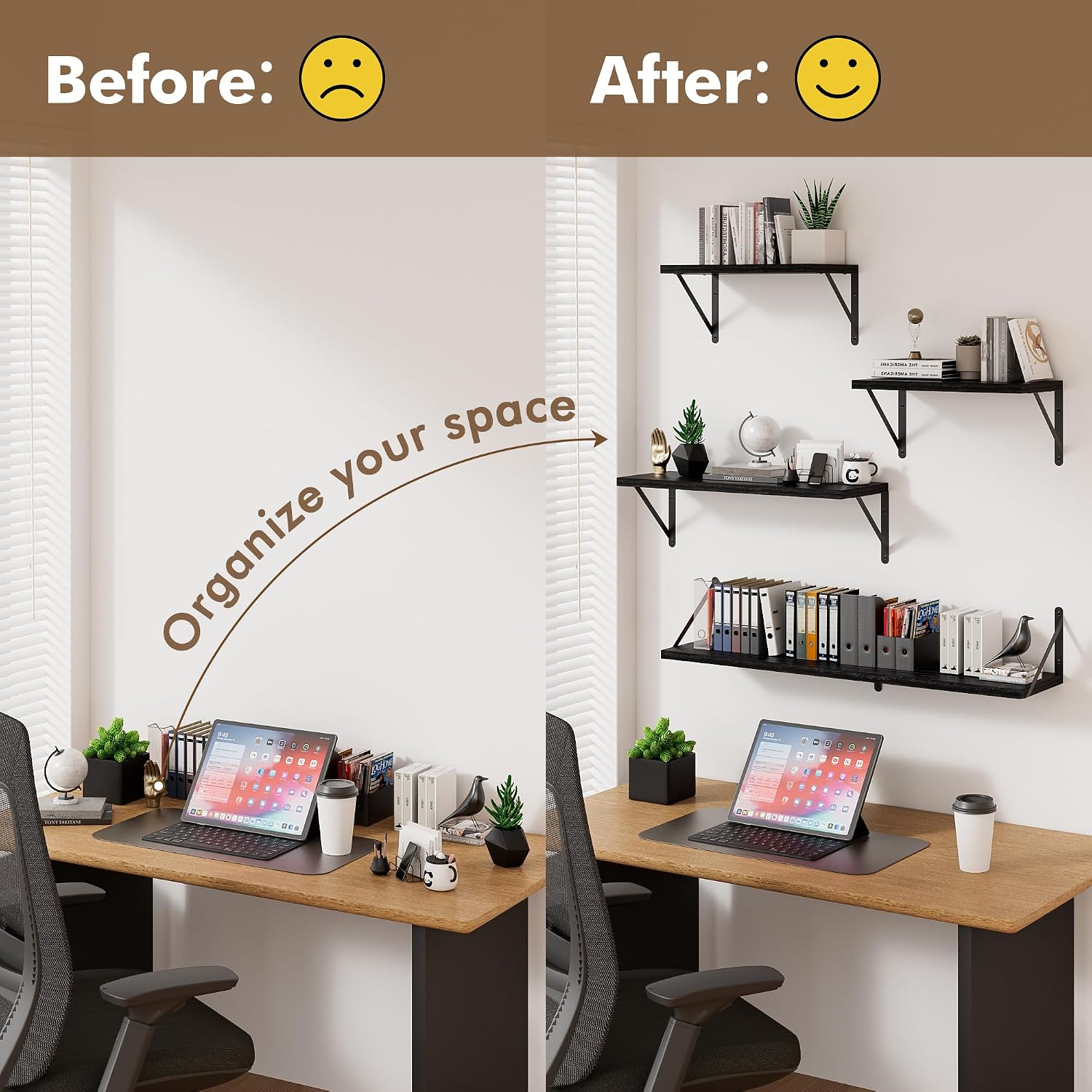 Black Wood Wall‑Mounted Floating Shelves