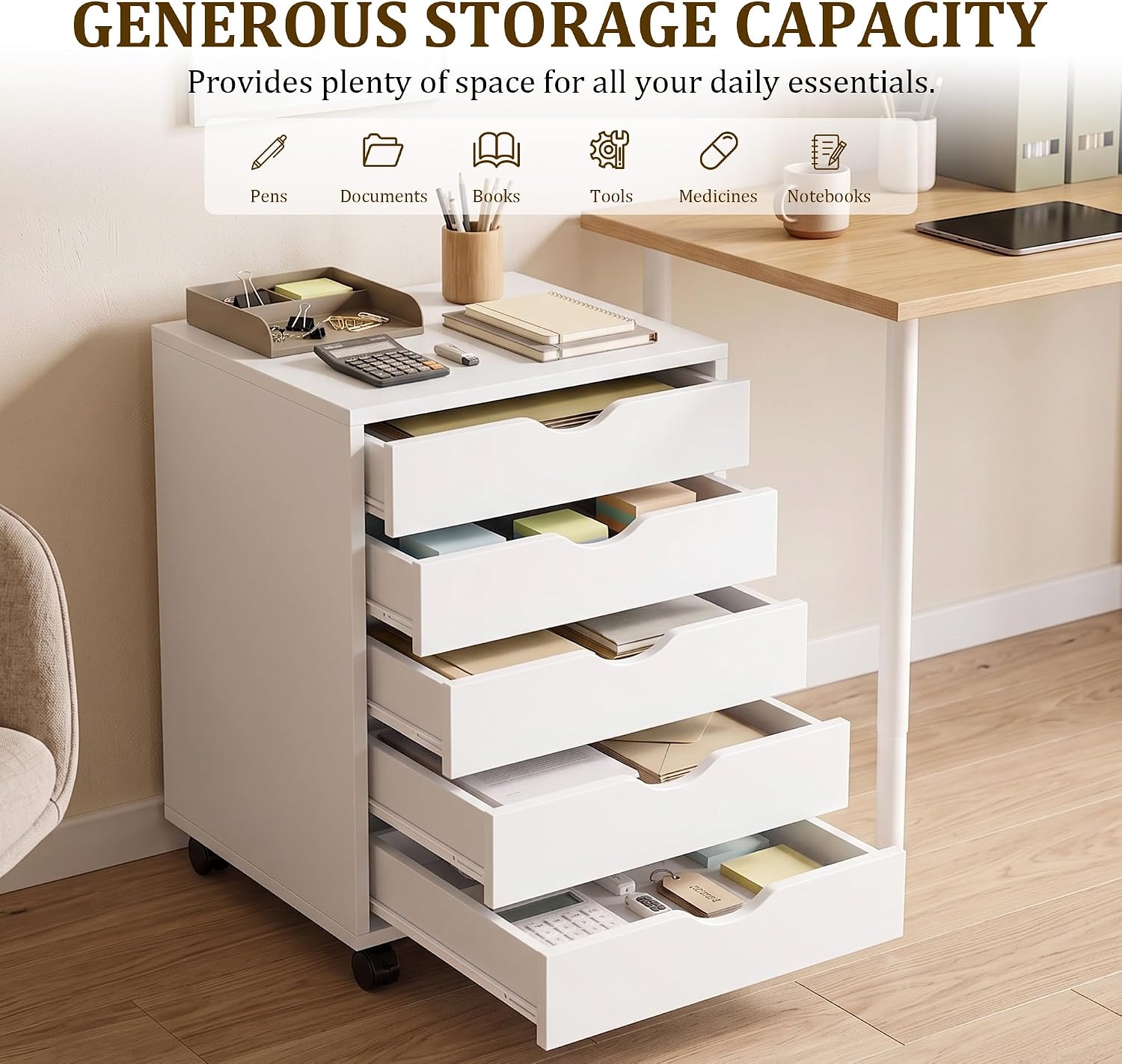 White Mobile 5‑Drawer Storage Cabinet
