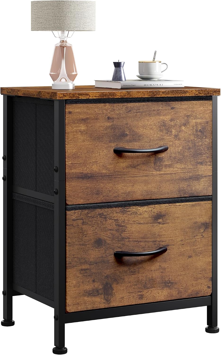 Brown Fabric 2‑Drawer Bedroom Nightstand Table