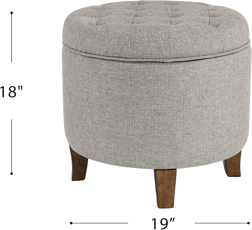 Gray Tufted Round Fabric Storage Ottoman