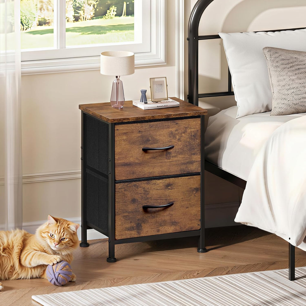 Brown Fabric 2‑Drawer Bedroom Nightstand Table