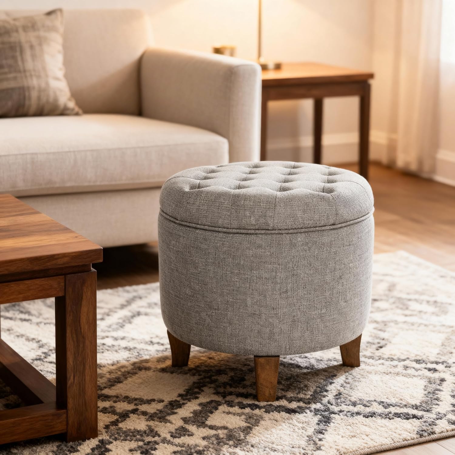 Gray Tufted Round Fabric Storage Ottoman