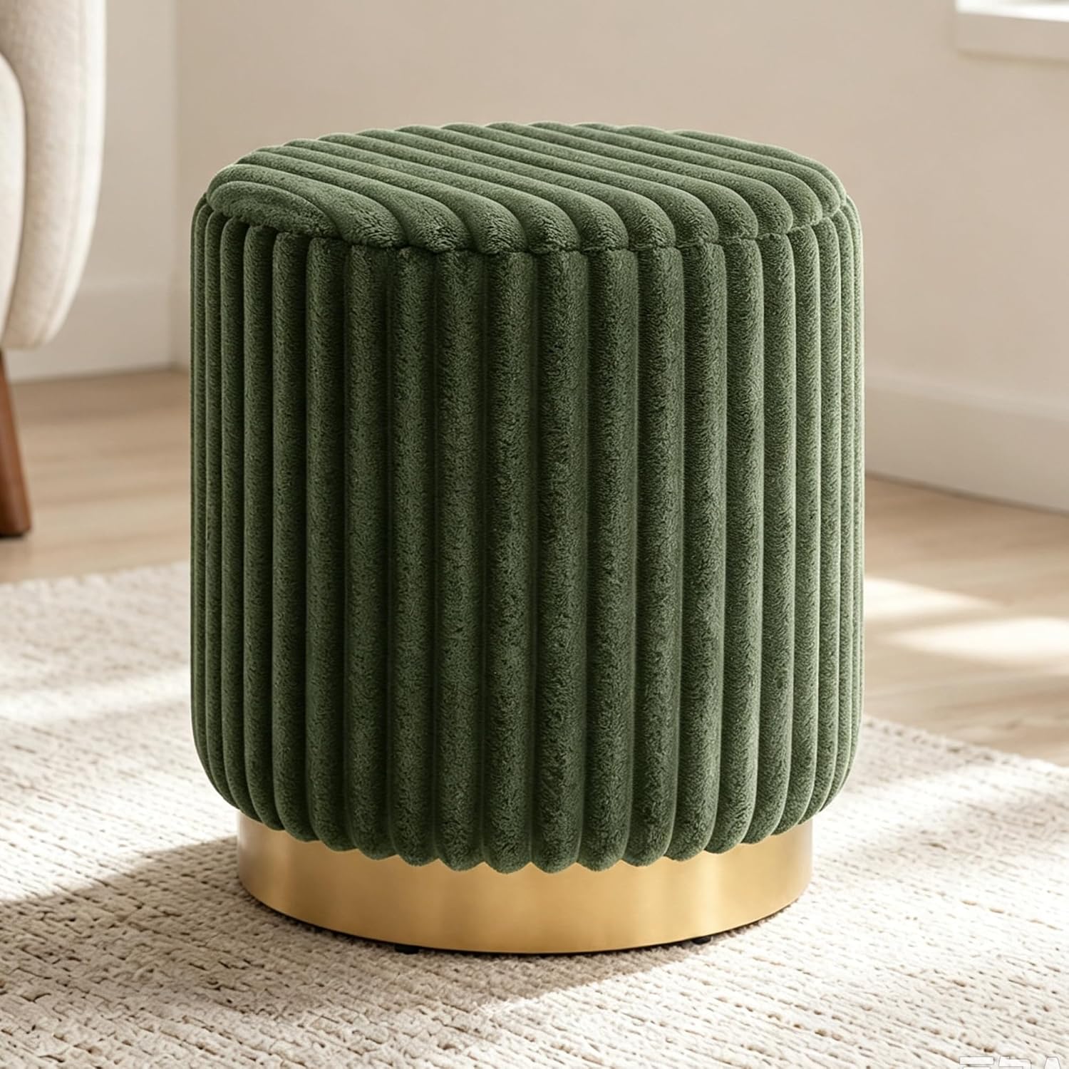 Green Faux‑Fur Round Vanity Ottoman Stool