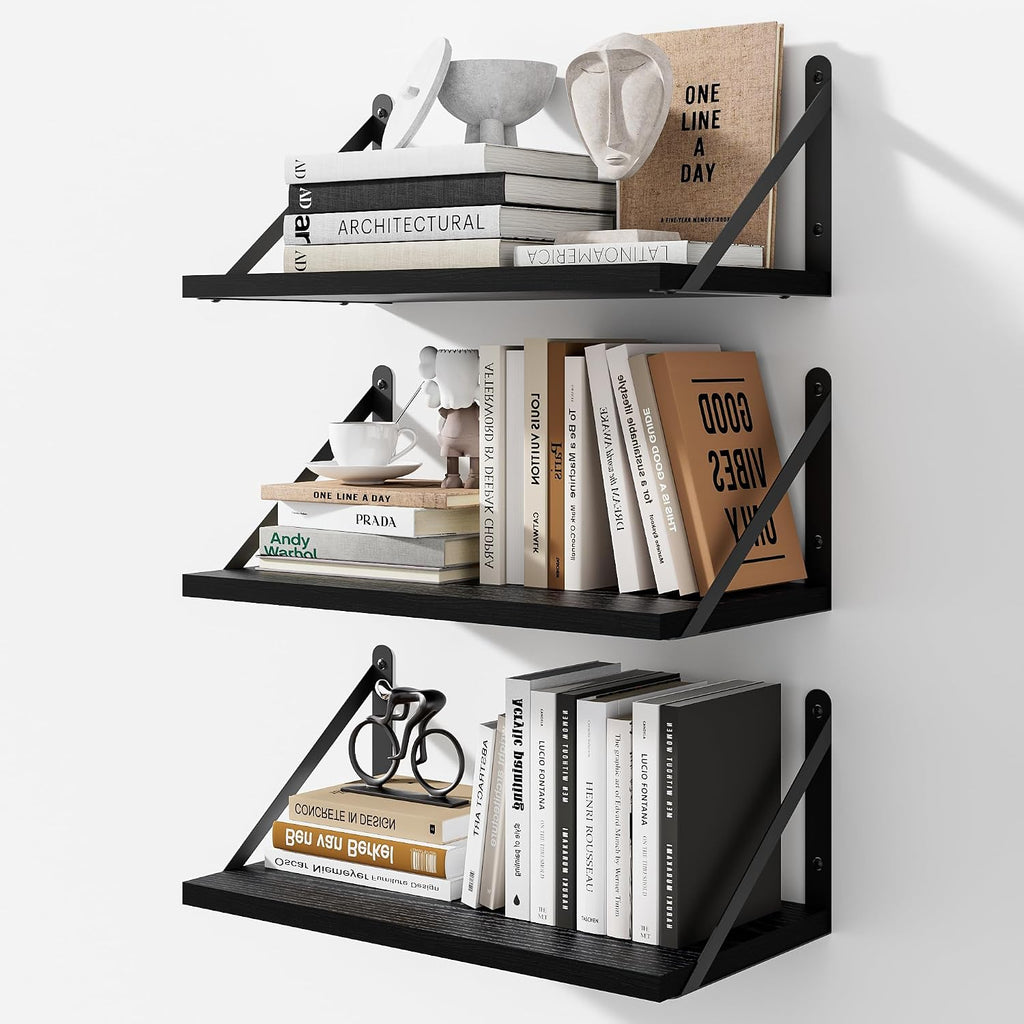 Black Wood Wall‑Mounted Floating Shelves
