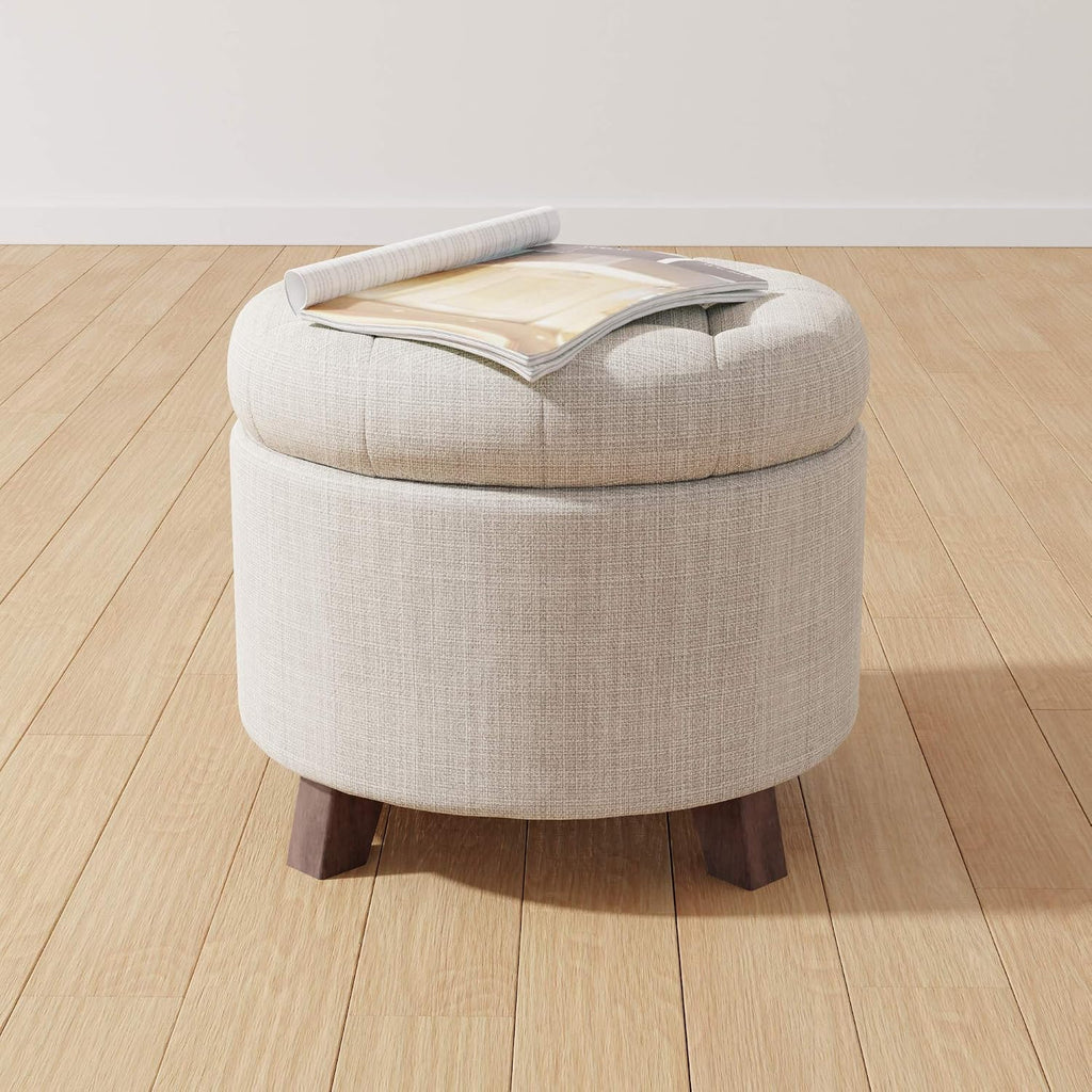 Beige Linen Tufted Round Storage Ottoman