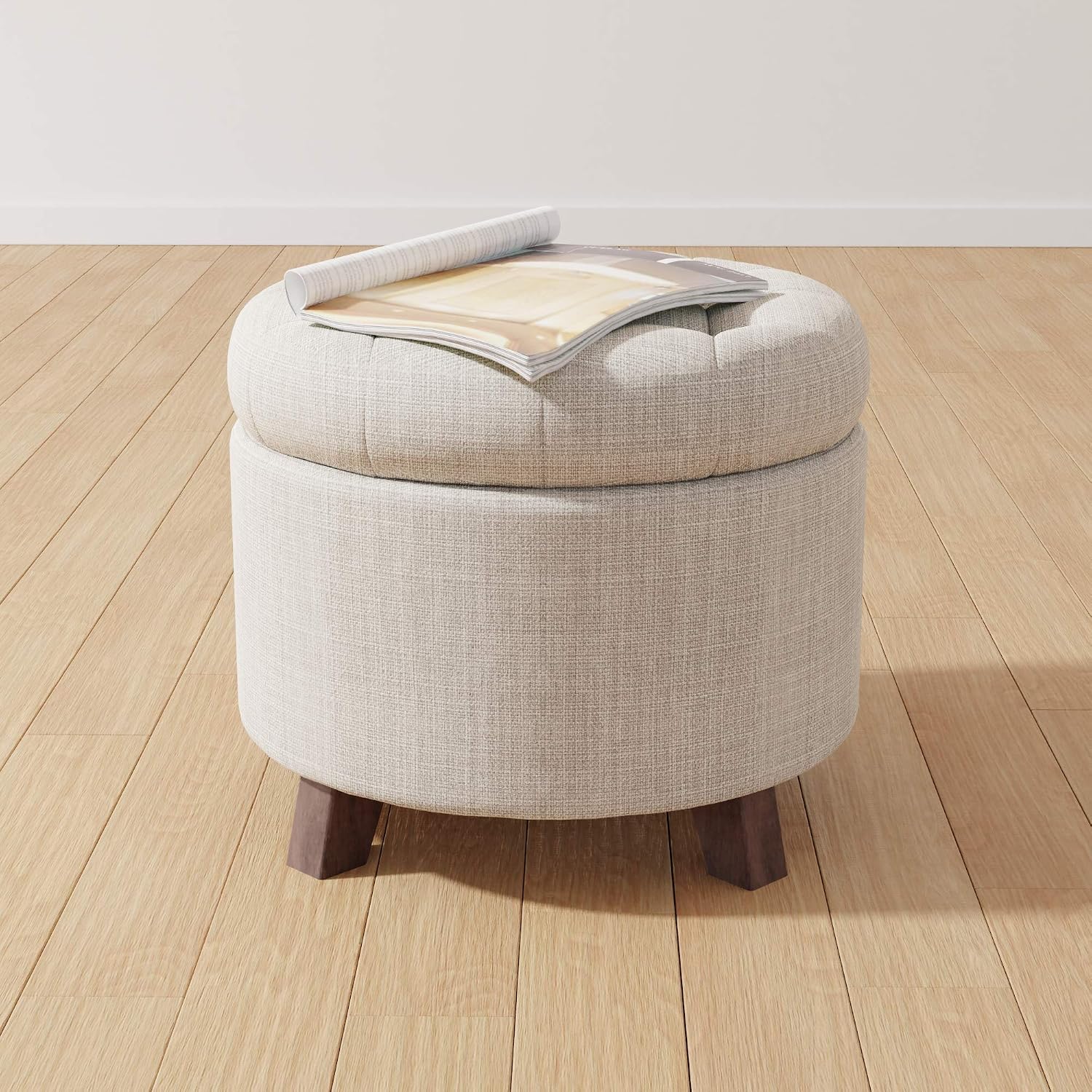 Beige Linen Tufted Round Storage Ottoman