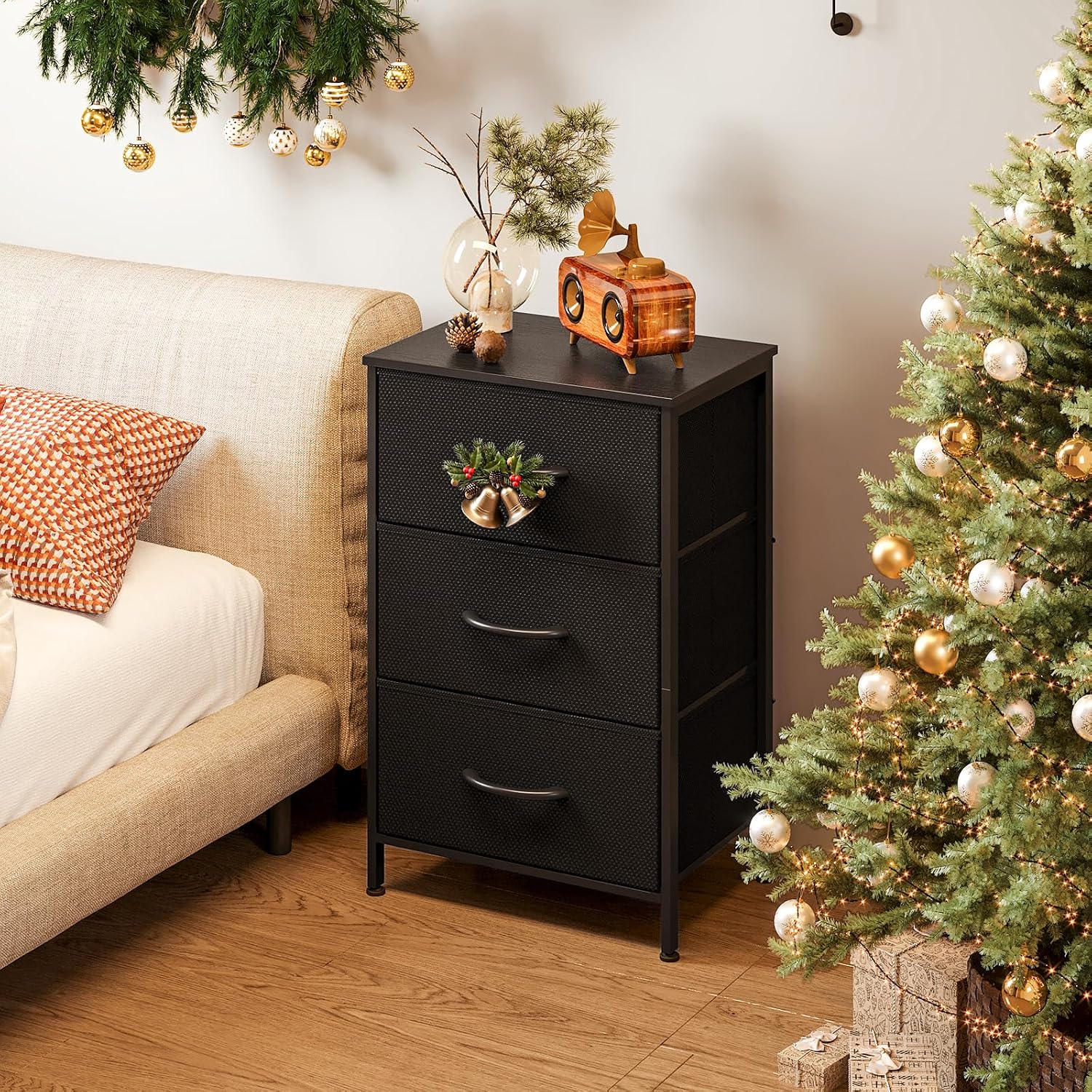 Black 3‑Drawer Bedroom Nightstand Dresser