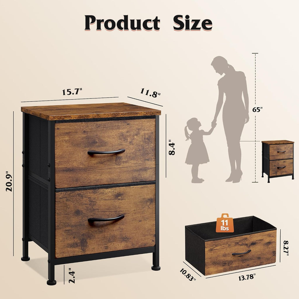 Brown Fabric 2‑Drawer Bedroom Nightstand Table