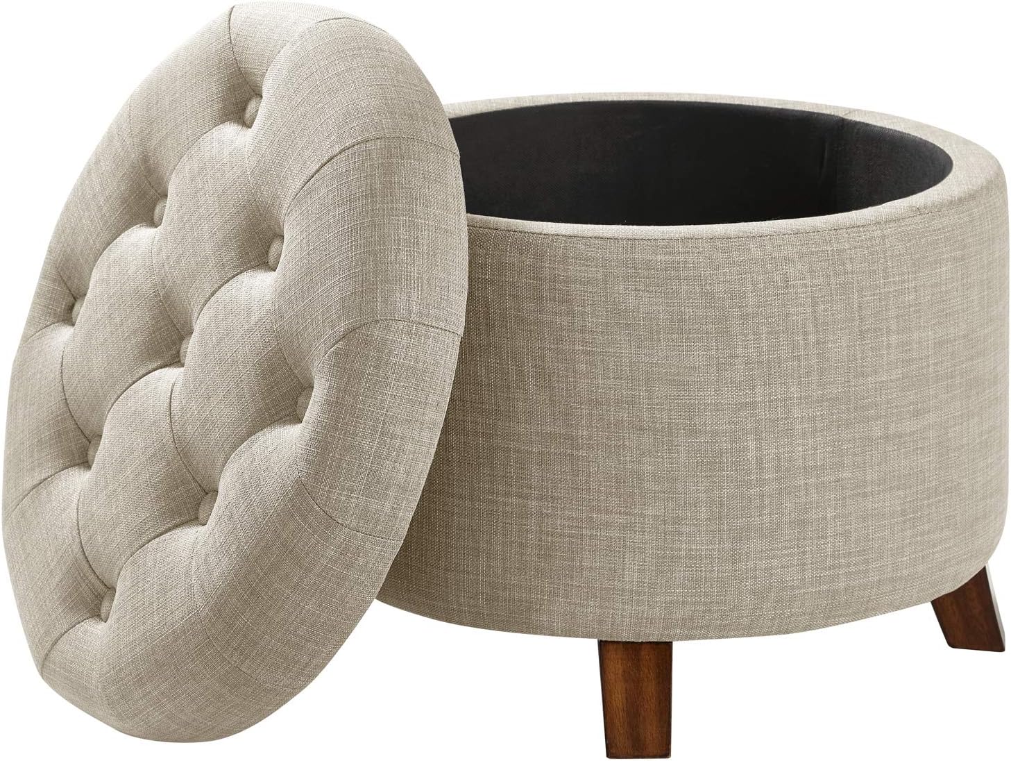 Beige Linen Tufted Round Storage Ottoman