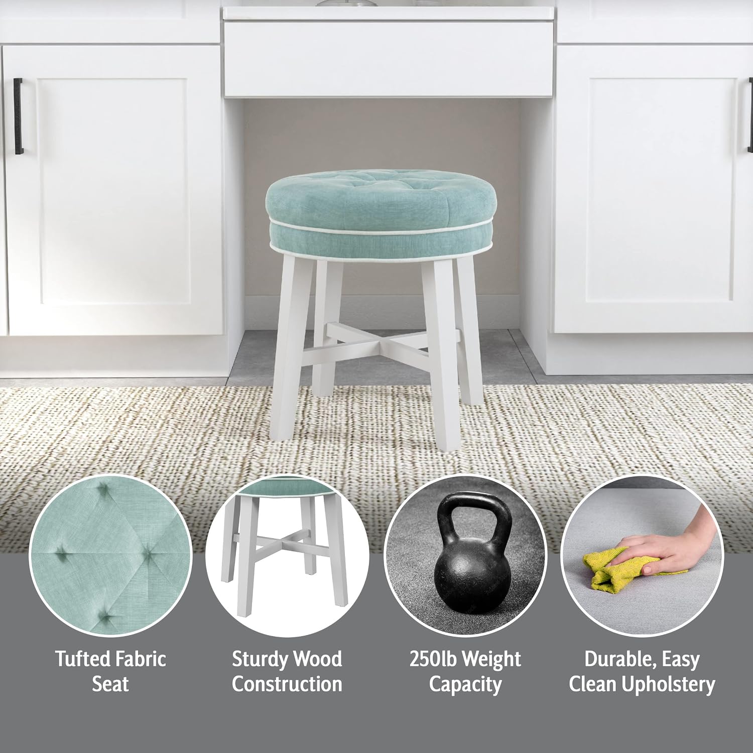 Blue Tufted Round Vanity Stool Seat