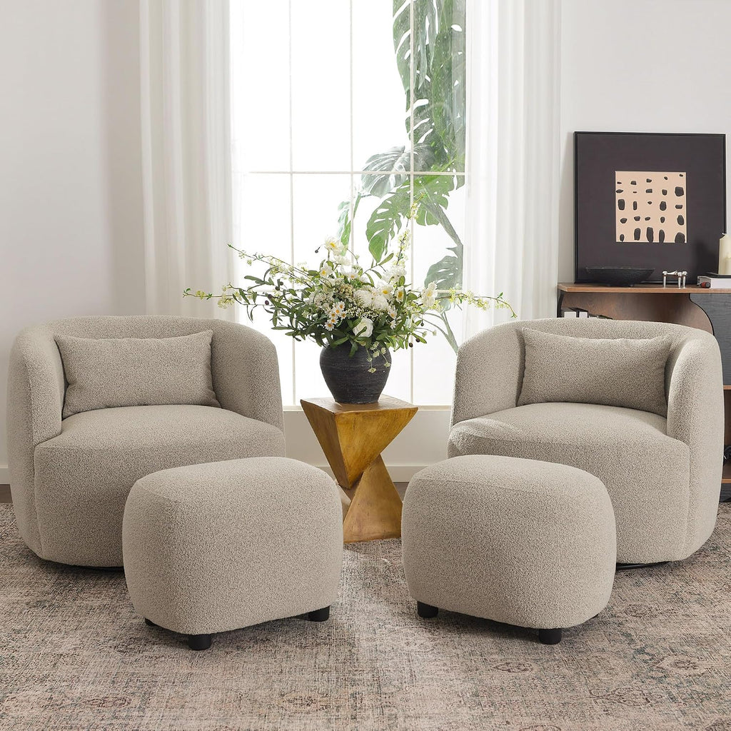 Taupe Boucle Round Upholstered Ottoman Stool