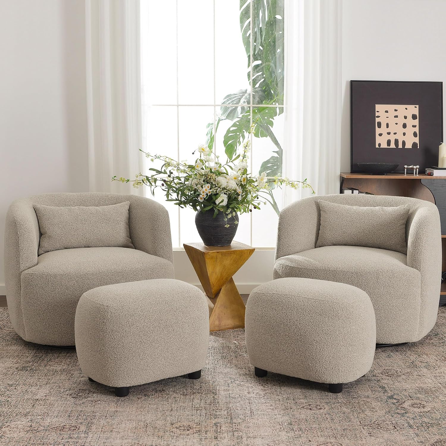 Taupe Boucle Round Upholstered Ottoman Stool