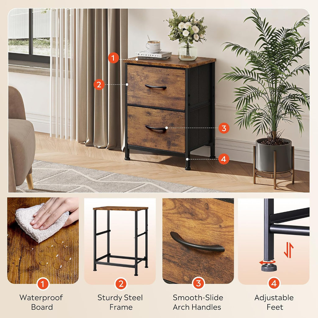 Brown Fabric 2‑Drawer Bedroom Nightstand Table
