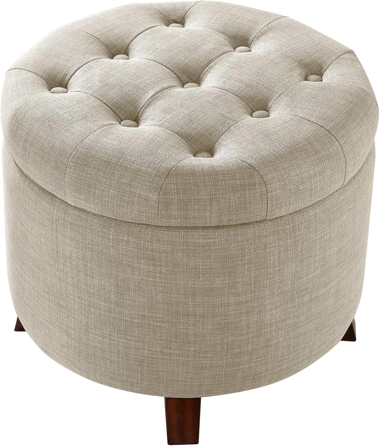 Beige Linen Tufted Round Storage Ottoman