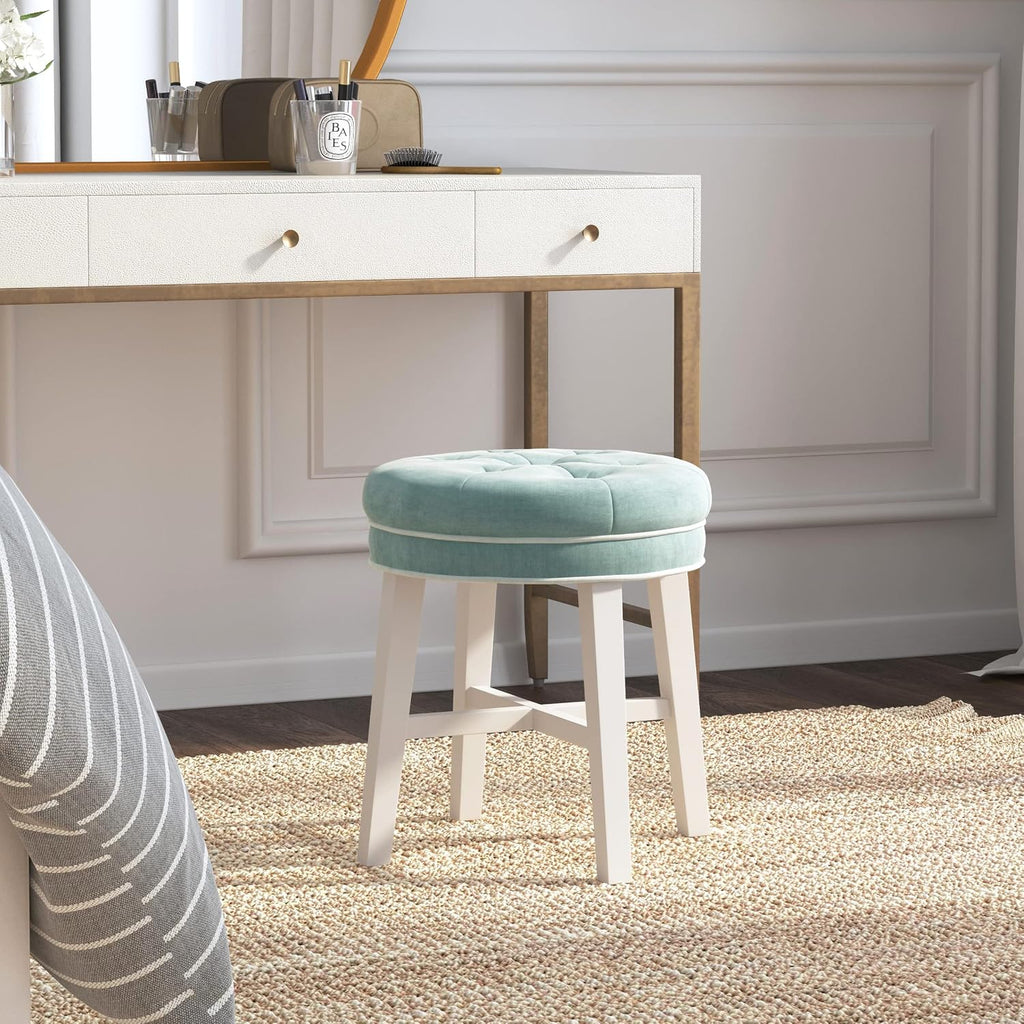 Blue Tufted Round Vanity Stool Seat