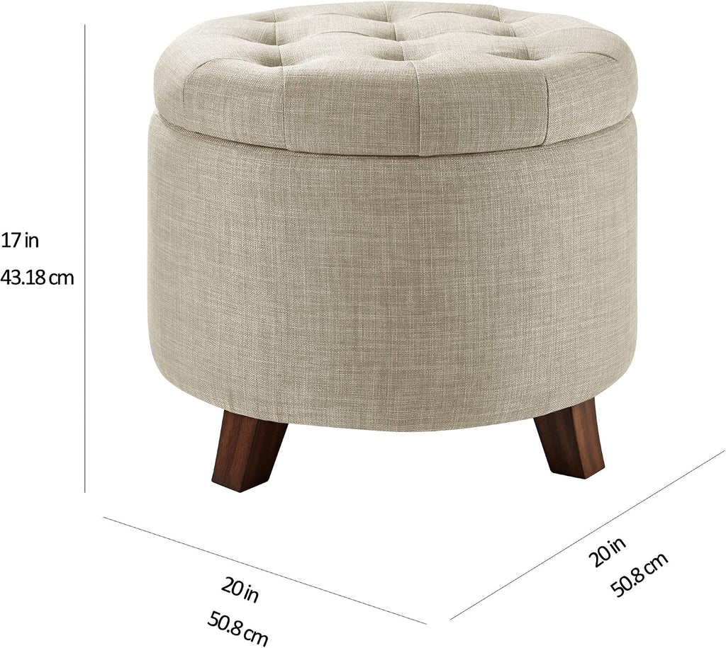 Beige Linen Tufted Round Storage Ottoman