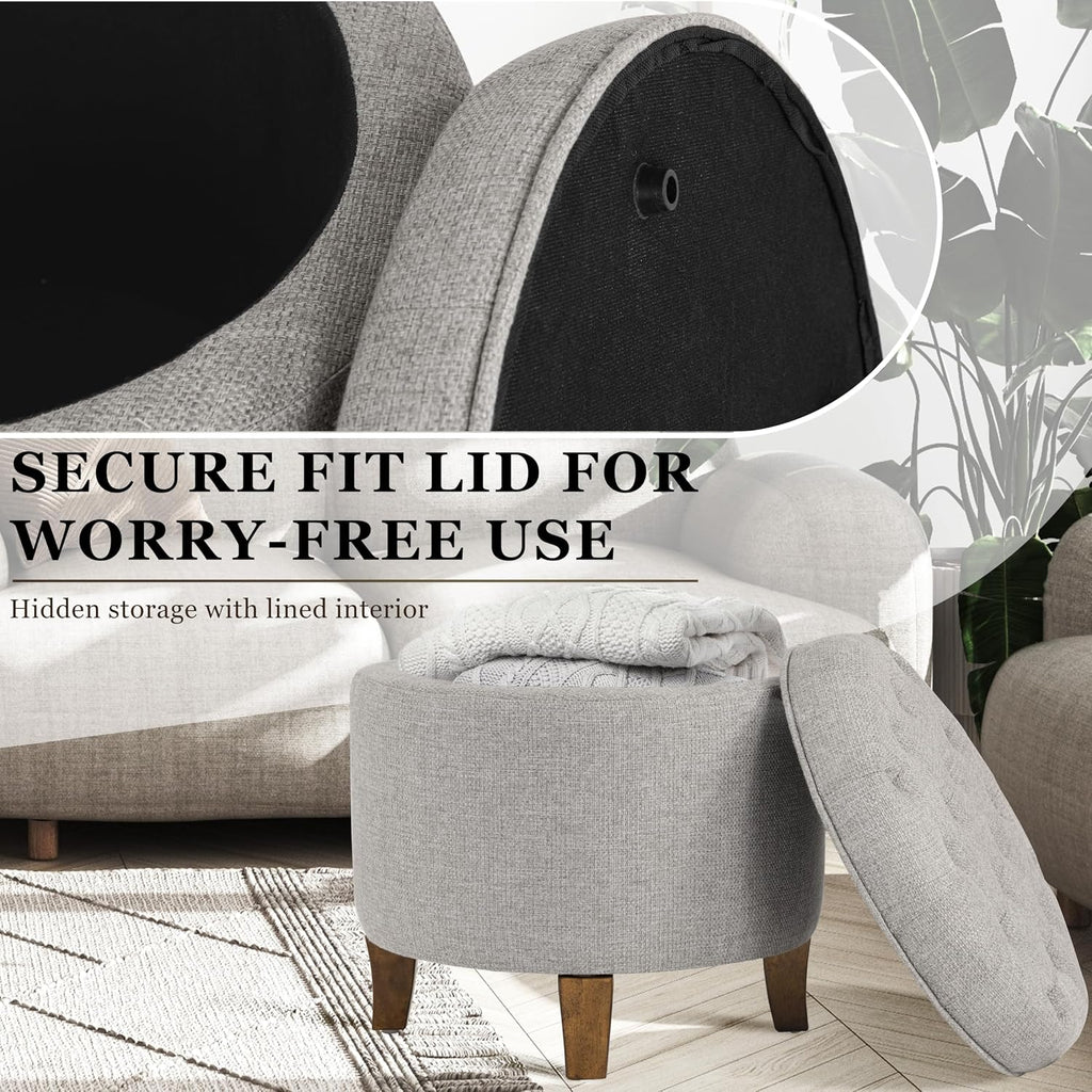 Gray Tufted Round Fabric Storage Ottoman