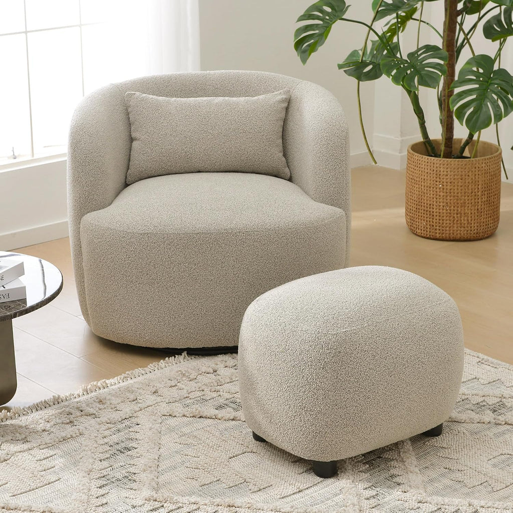 Taupe Boucle Round Upholstered Ottoman Stool