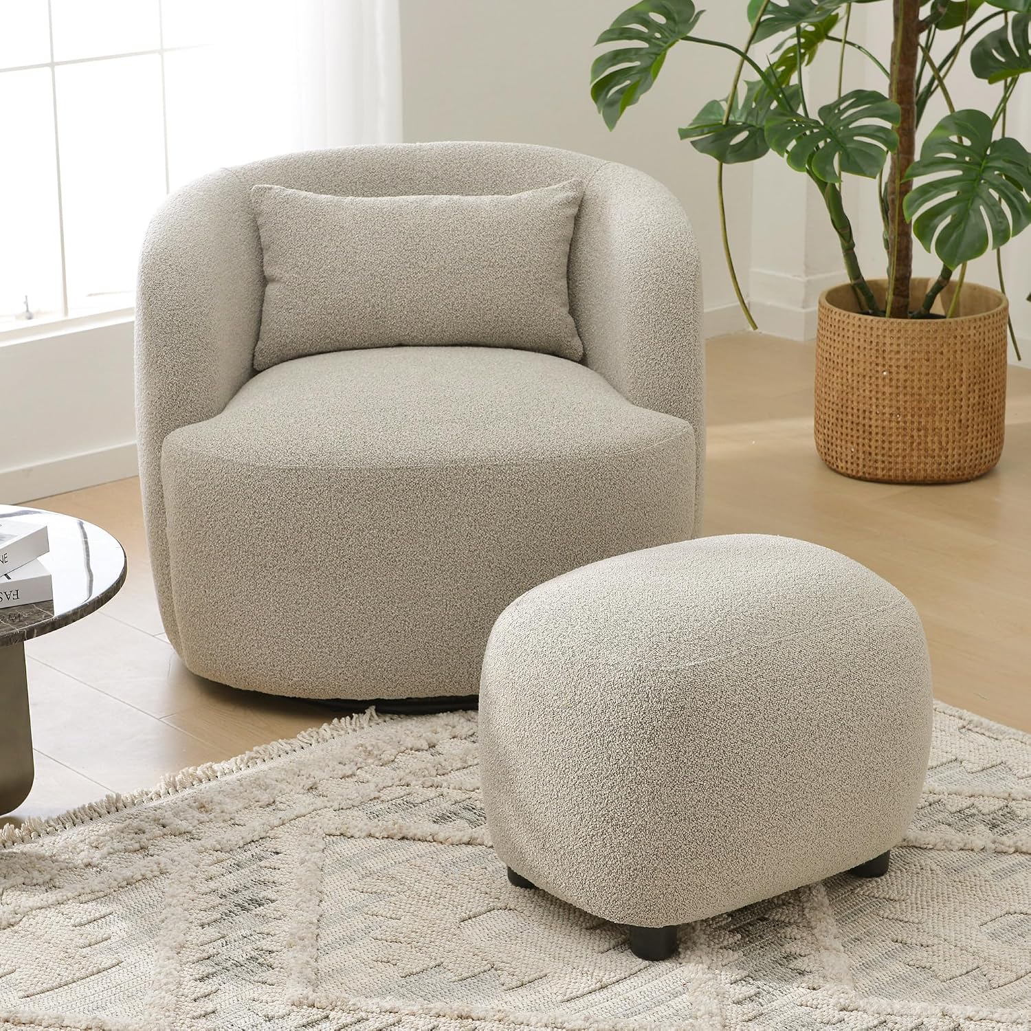 Taupe Boucle Round Upholstered Ottoman Stool