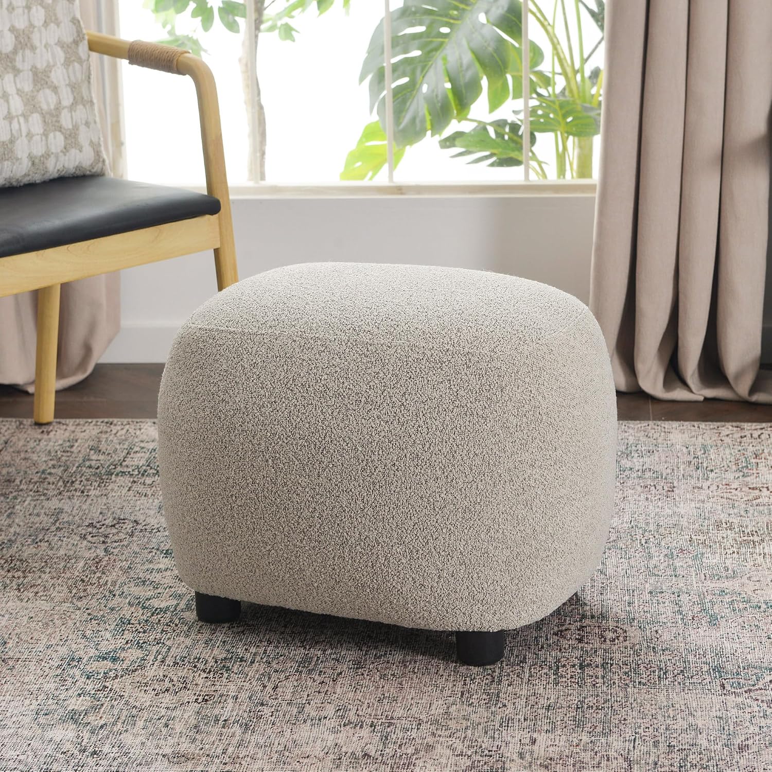 Taupe Boucle Round Upholstered Ottoman Stool