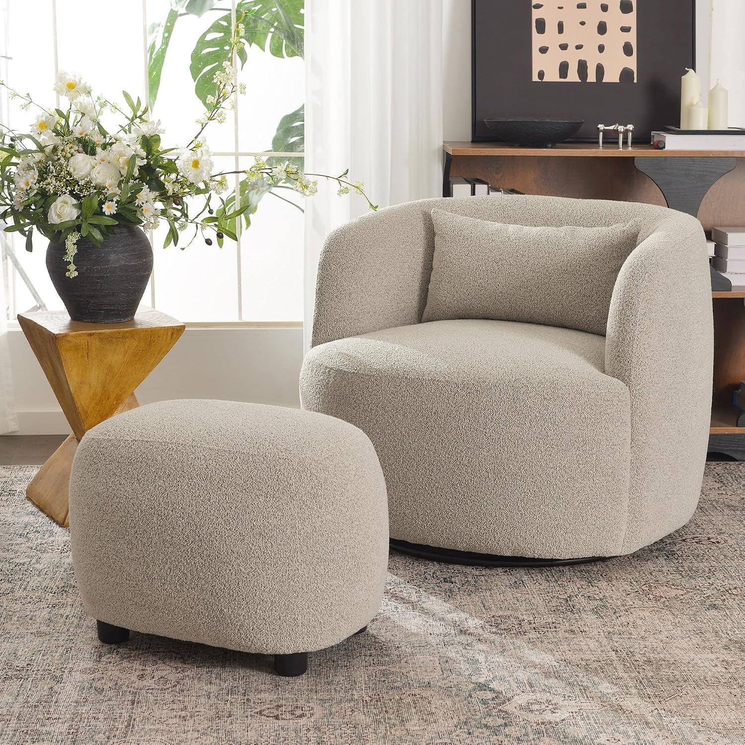 Taupe Boucle Round Upholstered Ottoman Stool